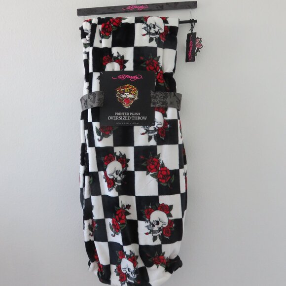 Ed Hardy Black And White Checkered Skull Roses Oversized Throw 60 x 70" in - Picture 4 of 5